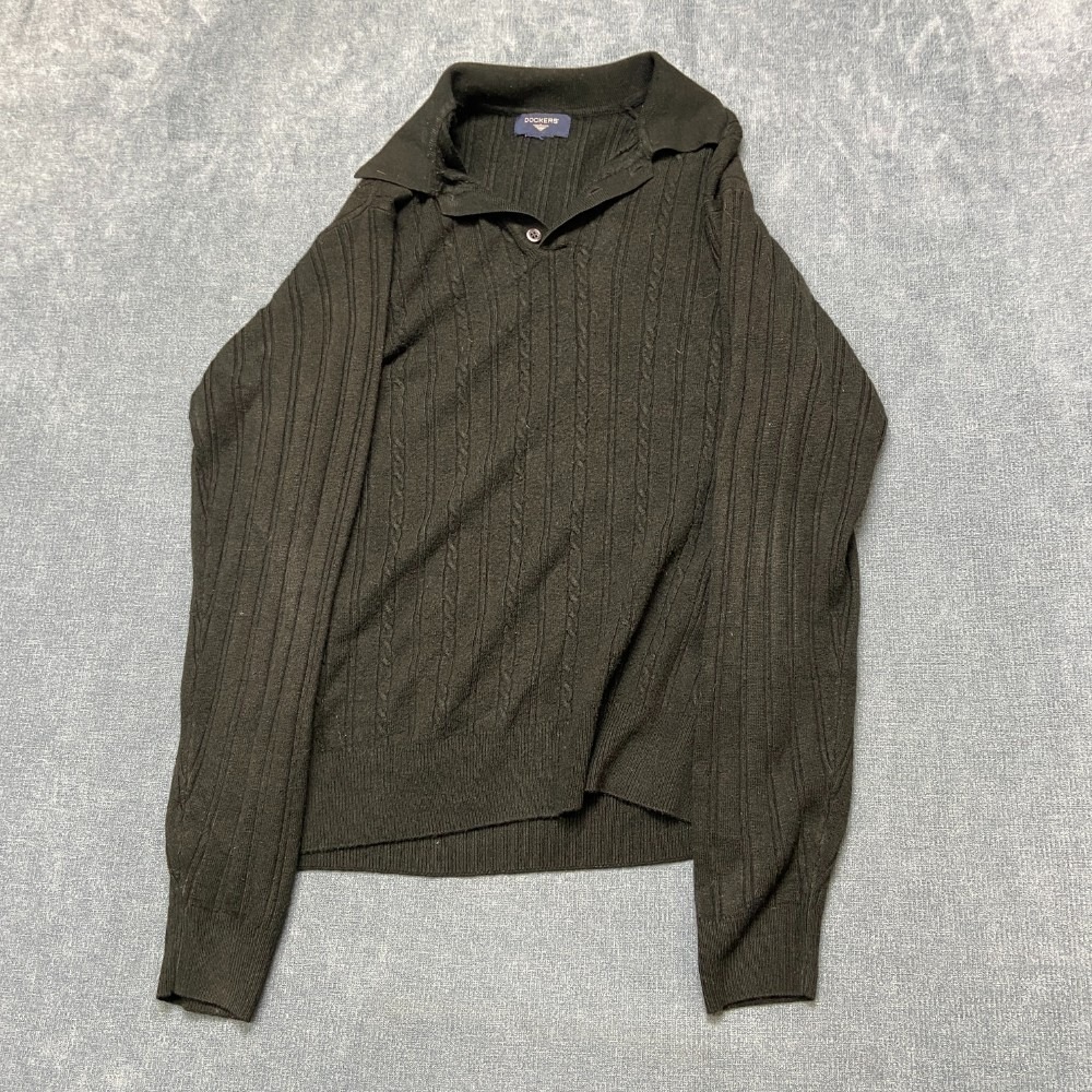 Dockers Polo Sweater Mens M Black Cable Knit Collared Button Front Outerwear